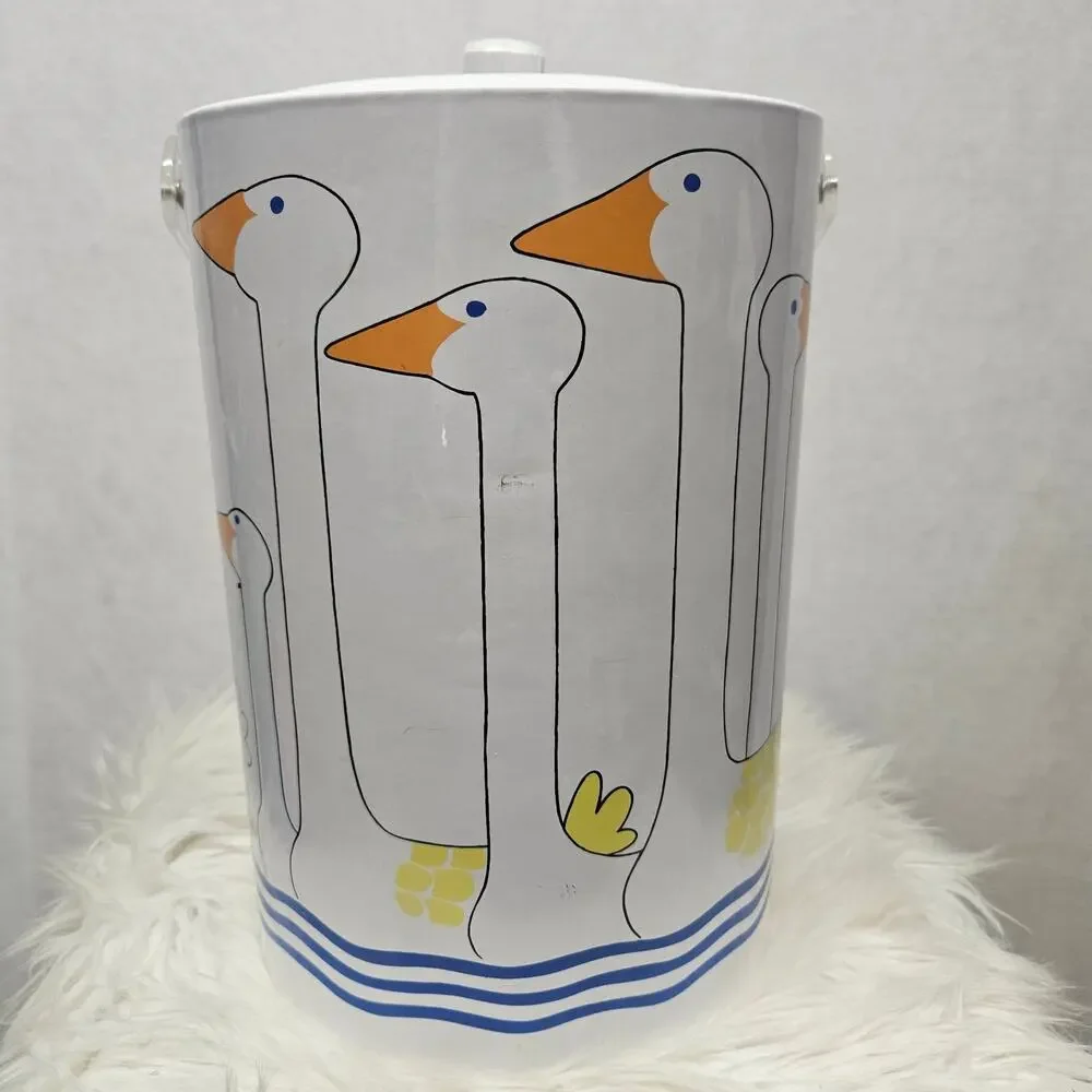 Vintage 1980s Country Geese Ice Bucket Canister White Blue Stripes